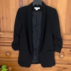 H&M Women’s Black Gathered Sleeve Open Front Career Dress Blazer Size 4